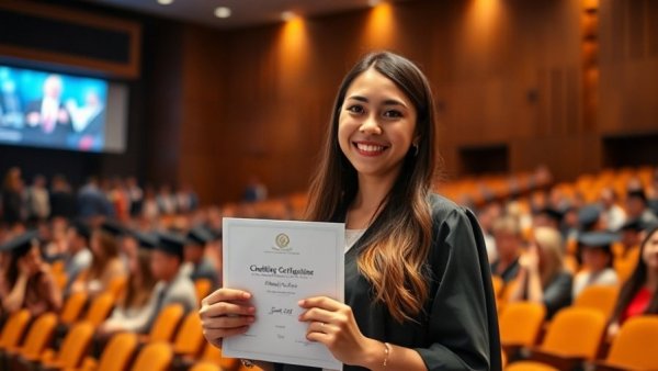 Houston skilled trades graduate holding certificate in auditorium.