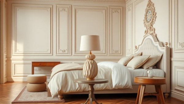 Classic bedroom featuring sculptural paper mache table lamps