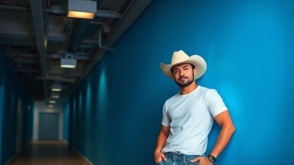 Confident man in cowboy hat leans against blue wall honoring tradespeople