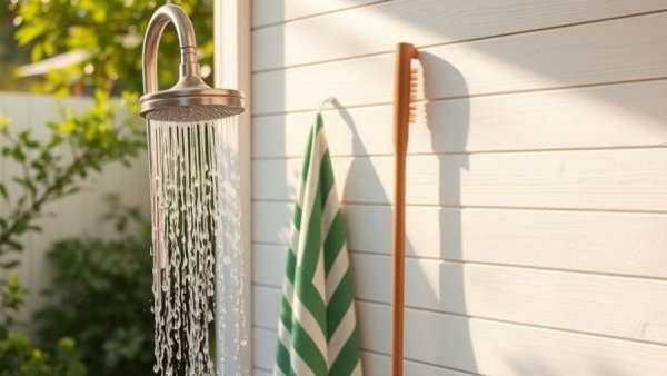 Minimalistic outdoor shower setup with towel and brush, perfect for design lovers.