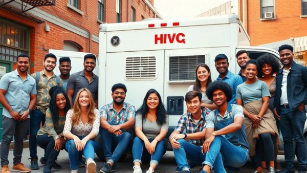 Group of people with HVAC truck, outdoors, lively atmosphere.