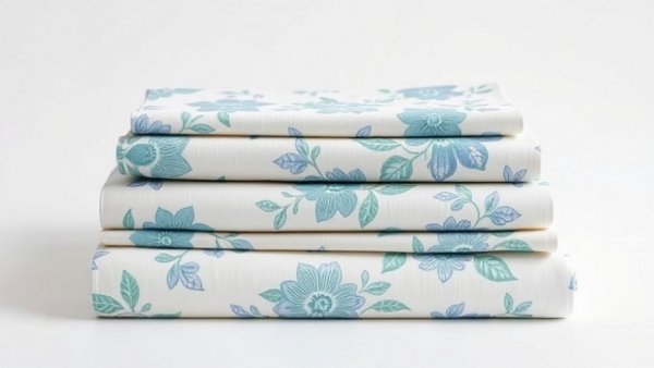 Liberty London floral sheets stacked with blue green floral design.