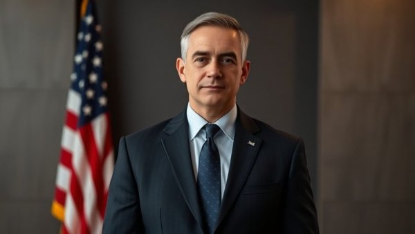 Portrait of man in suit with American flag background, USMCA HVACR industry benefits.