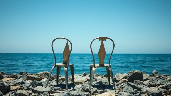 Artistic metal chairs on rocky shore by the sea