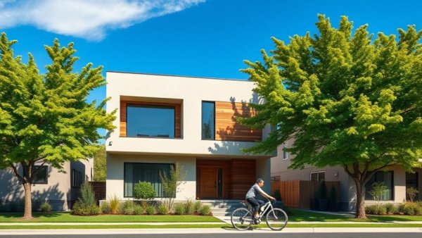 Community focused new home design with cyclist and modern architecture.