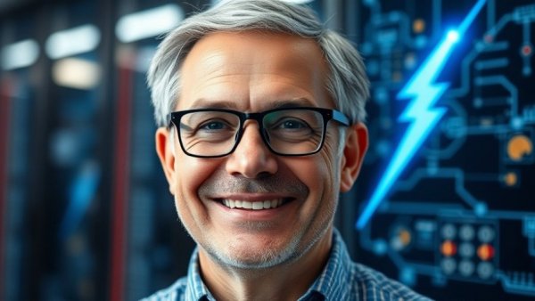 Composite image with man and tech-themed elements for data center protection.