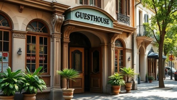 Charming Pensión guesthouse entrance in Mexico City with vintage design.