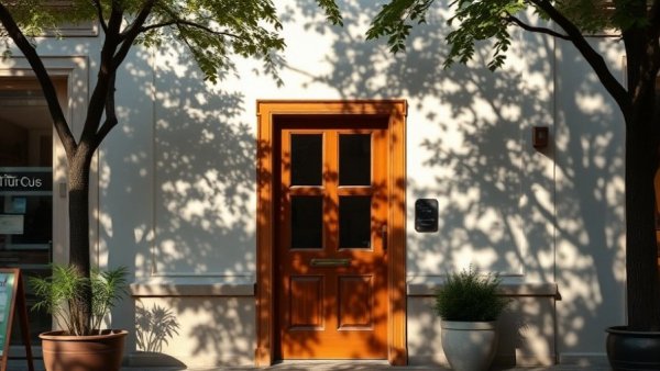 Building Block Etc. shop entrance with wooden door and tree shadows.