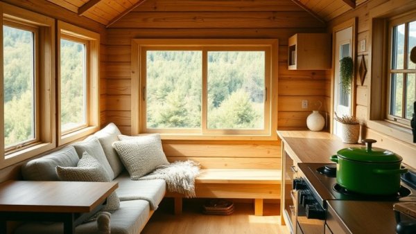 Cozy cabin decor for weekend home ideas with scenic window view.