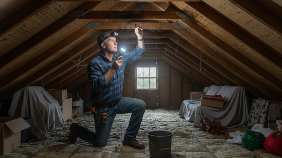 Homeowner inspecting attic for roof leaks, ensuring home safety.