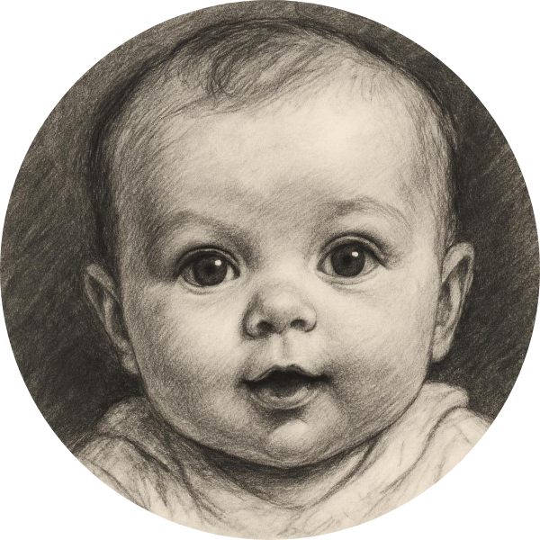 Newborn baby face in charcoal, resembling Gerber baby for favicon/logo.