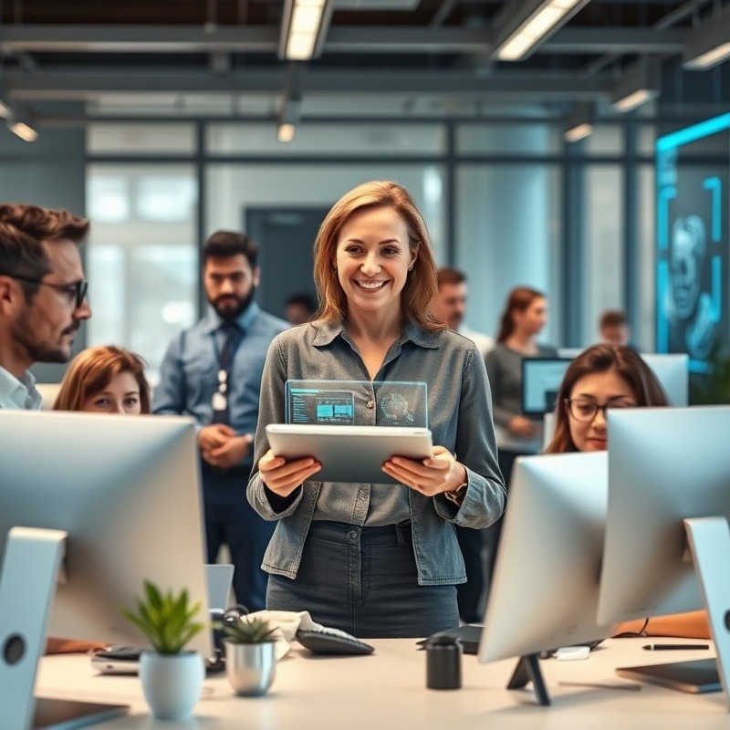 A photorealistic image of a modern office where a diverse group of employees of various ages, genders, and ethnicities collaborate with AI tools. A confident middle-aged female HR leader stands in the center, holding a tablet displaying an AI-driven dashboard, overseeing the team with a smile. The workspace features sleek, futuristic design elements, holographic screens, and digital assistants, symbolizing AI integration. The lighting is natural and warm, creating an atmosphere of innovation, productivity, and collaboration where AI empowers employees.
