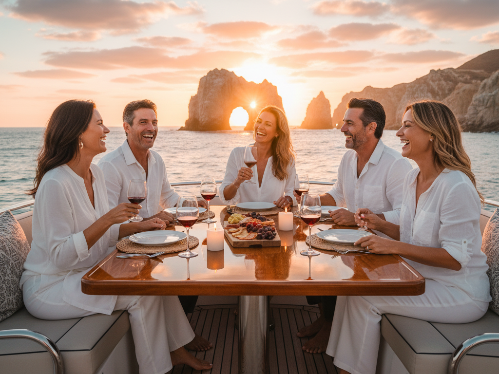 Sunset cruises Cabo FAQs: Cozy onboard dinner with friends and couples enjoying gourmet food against glowing sunset backdrop in Cabo San Lucas