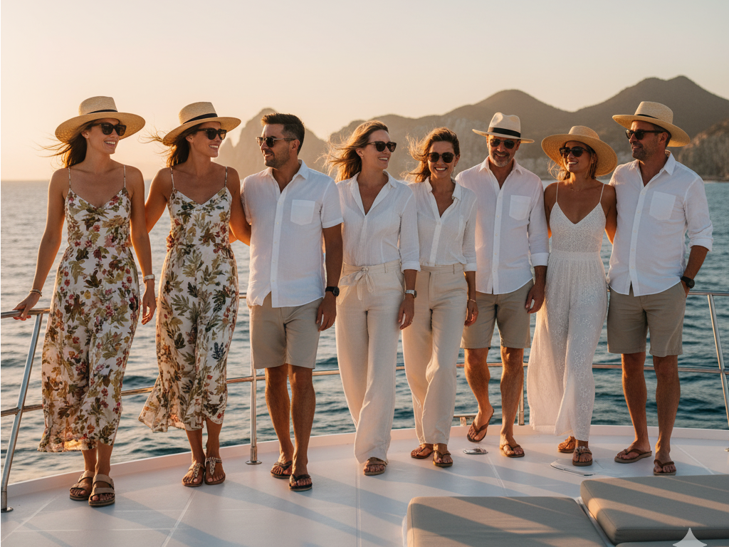 Sunset cruises Cabo FAQs: Group dressed in casual resort wear enjoying sunset cruise deck at Cabo San Lucas