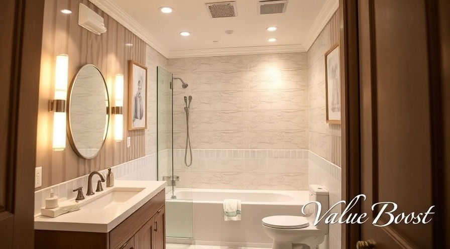 A beautiful bathroom remodel in houston with a modern design, featuring dynamic lighting and appealing colors. Include a small, elegant text in the corner: "Value Boost."