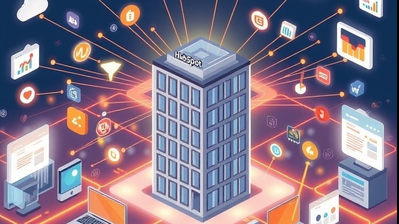 Modern digital illustration of HubSpot evolving into a media powerhouse with growth signals.