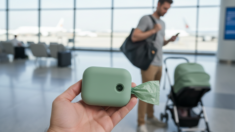 Parents on the go with a small Sage Green Moodie diaper bag dispenser.