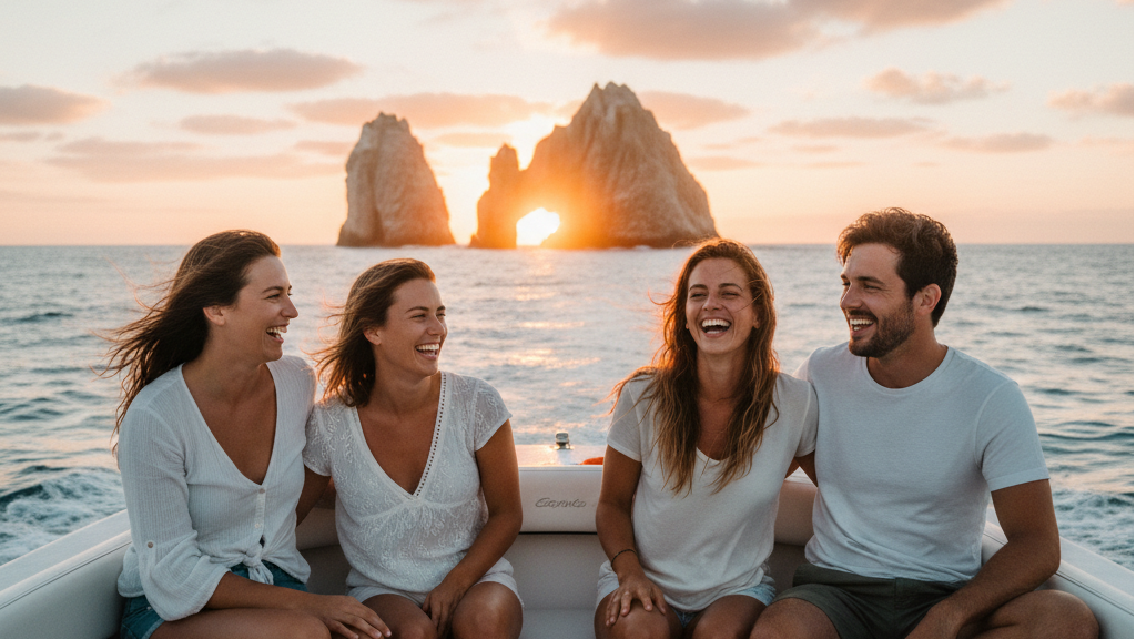 Sunset cruises Cabo FAQs: Relaxing on a mid-size boat overlooking El Arco at golden hour in Cabo San Lucas
