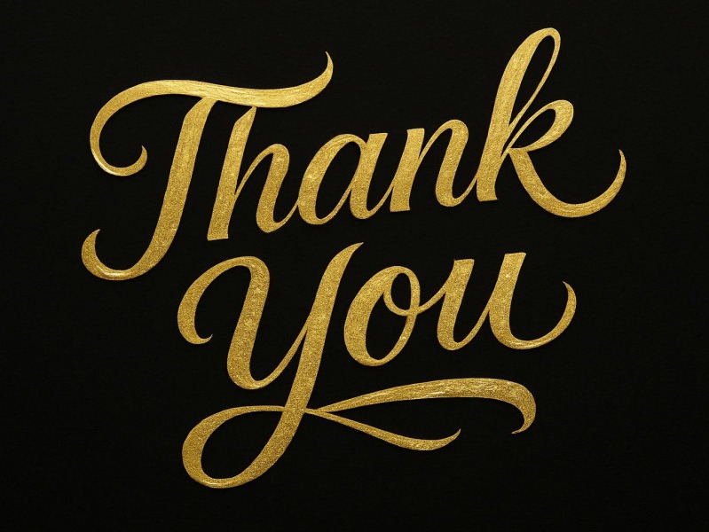 Stylized 'Thank You' in gold on a black background, perfect for gratitude.