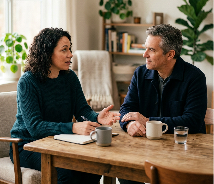 Intimate vertical portrait of two adults discussing ministry in a warm, modern room.