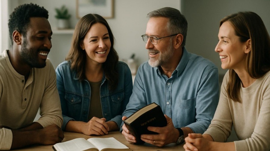 Christian adults in relaxed clothing discuss ministry work around a table, warm atmosphere.