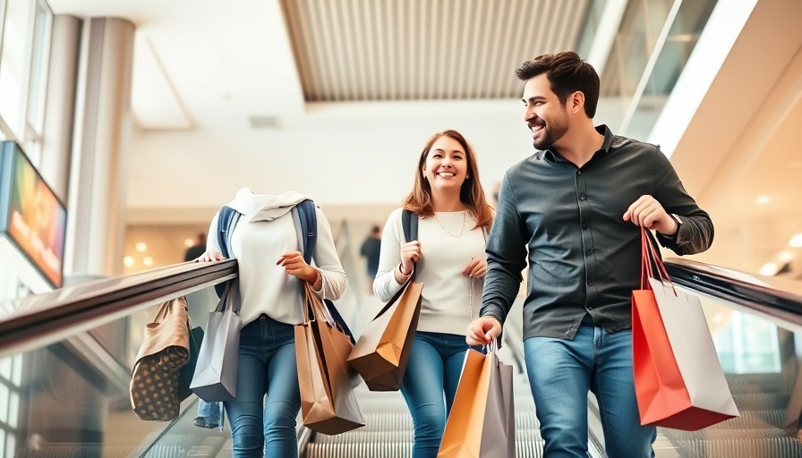 Family holiday shopping, escalator, smiling, financial stress context.