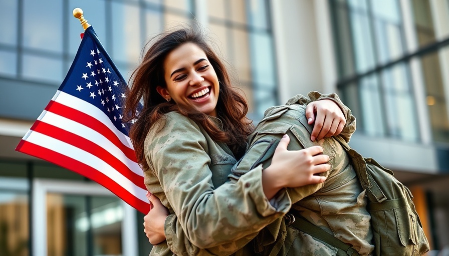 Woman embracing soldier, holding American flag, emotional moment.
