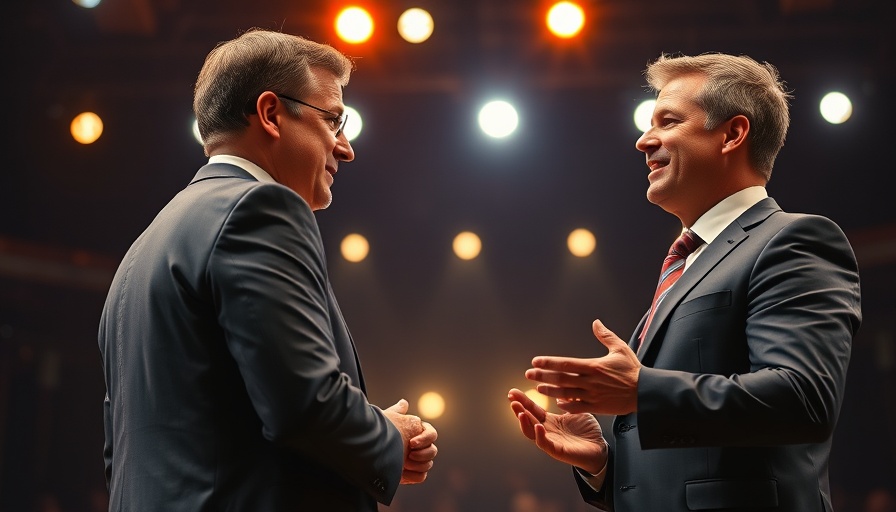 Men discussing on stage, bright lights, professional setting.