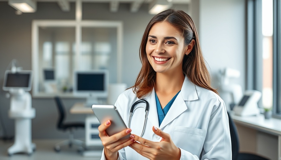 Smiling doctor engaging with smartphone in modern medical office.