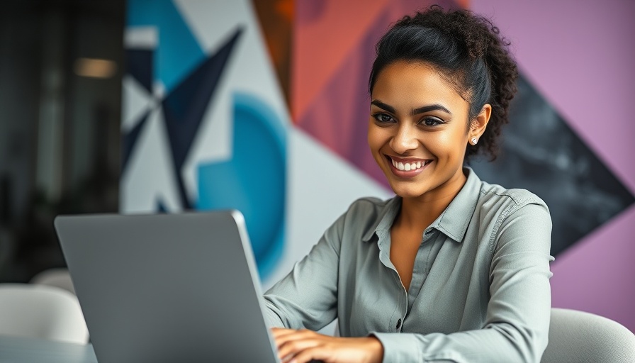 Confident woman engaging in internal communication at desk.
