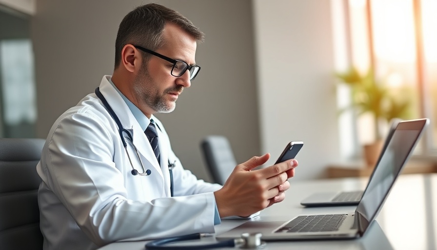 Doctor researching skin cancer prevention, using smartphone and laptop.