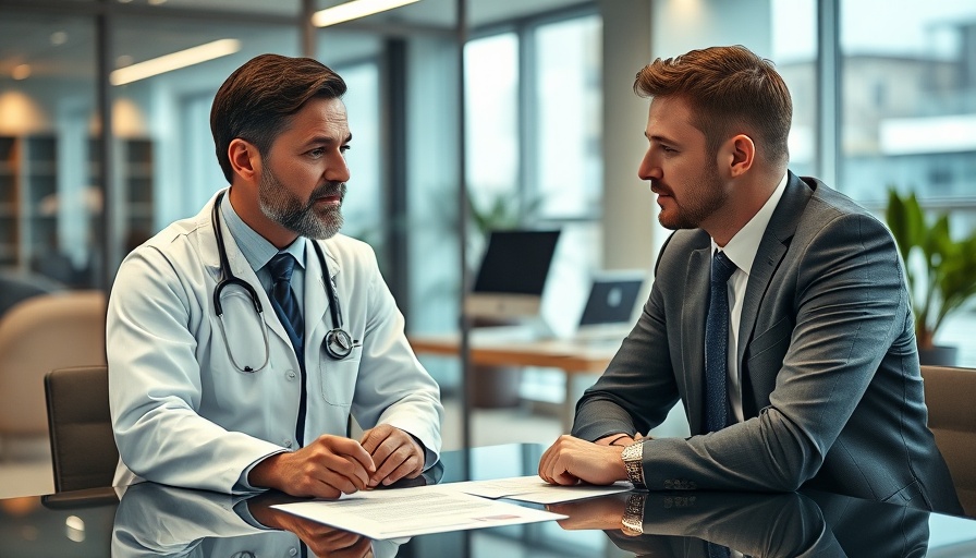 Doctor and businessman discussing workplace absenteeism in office.