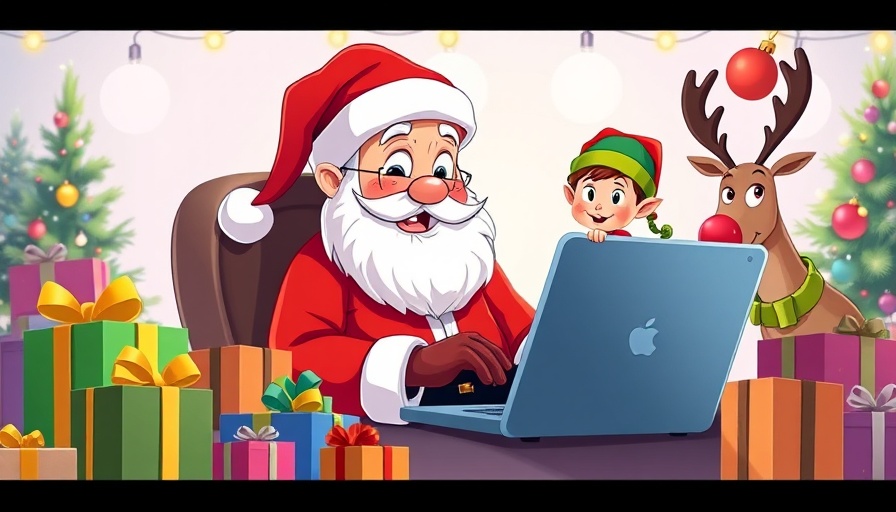 Cartoon Santa working with team, enhancing employee engagement
