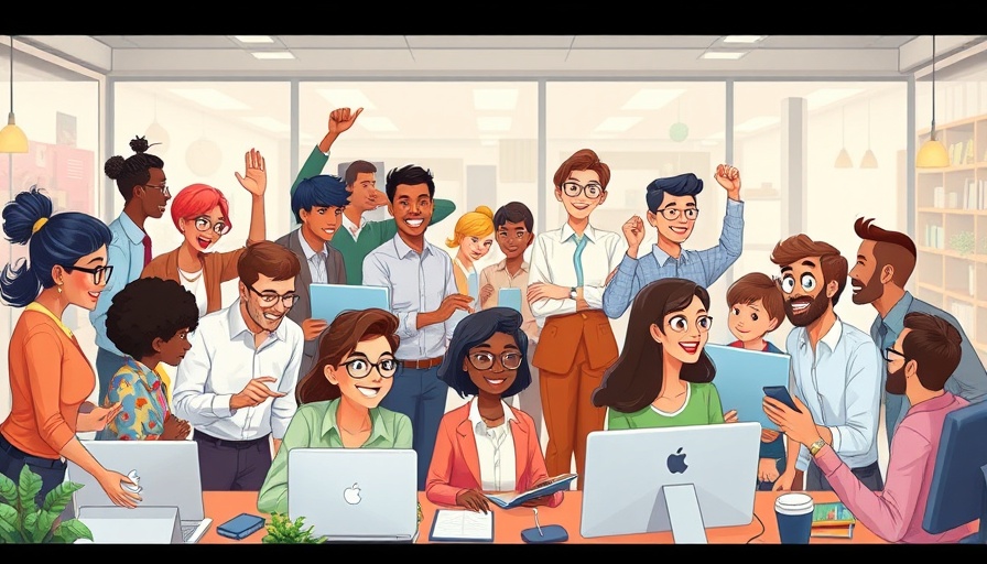 Illustration of diverse employees collaborating and engaging in teamwork.