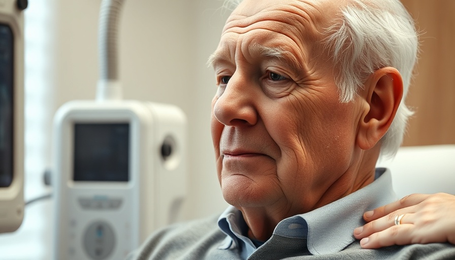 Shockwave therapy on elderly man's shoulder in clinic setting.