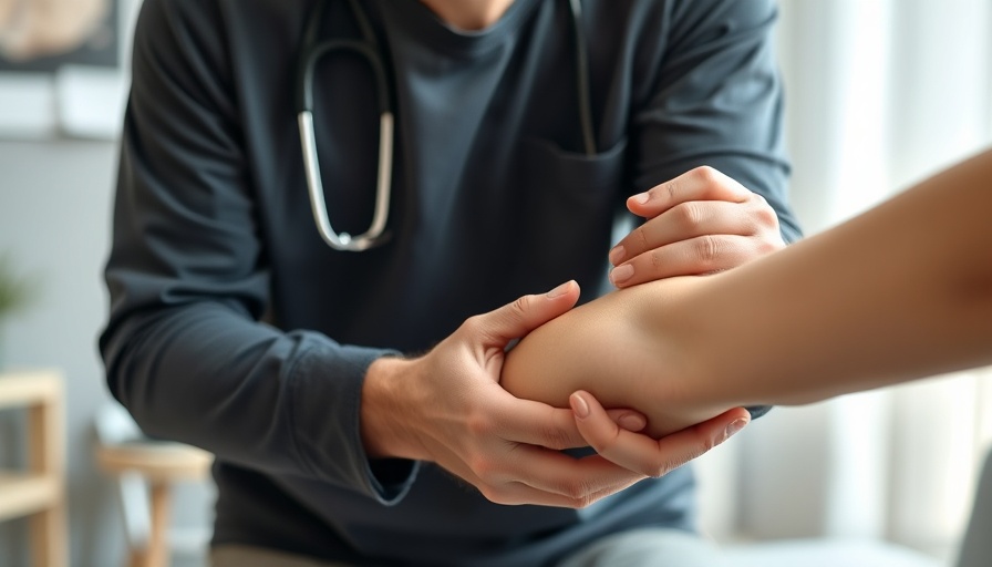 Therapist examining patient's elbow for elbow pain therapy.