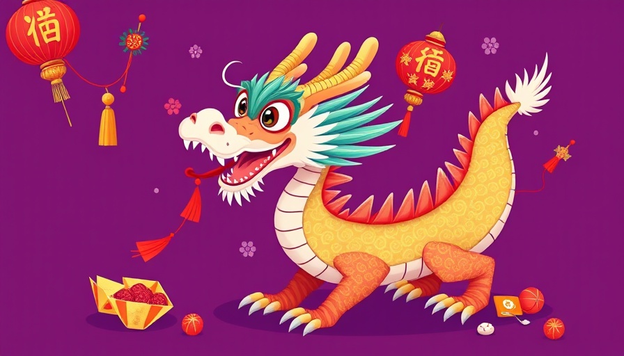 Lunar New Year festival dragon with kites and sweets on purple background.