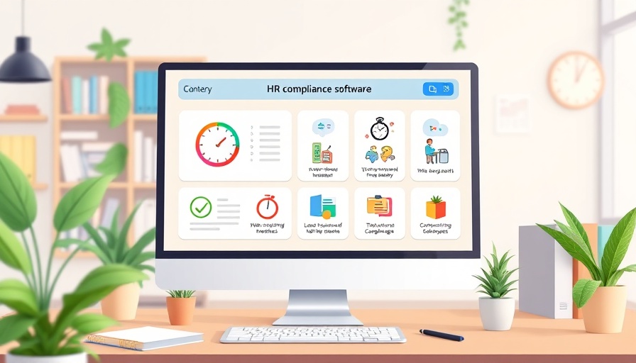 HR compliance software illustration with management icons in an office.