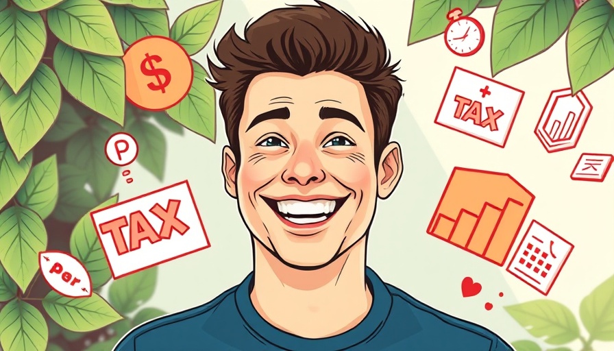 Cheerful young man with tax icons, HRAs concept, cartoon style.