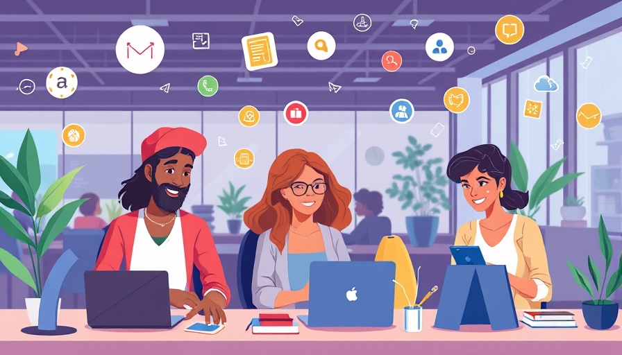 Cartoon of diverse employees collaborating with tech, icons floating