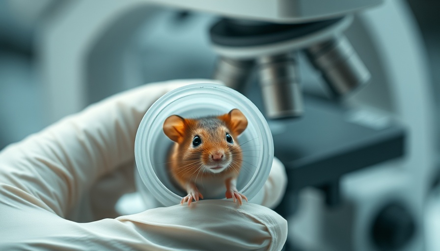 Laboratory mouse in tube next to microscope, scientific research scene.