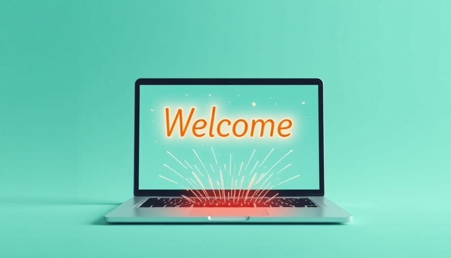 Surreal illustration of a laptop displaying a welcome message for remote onboarding.