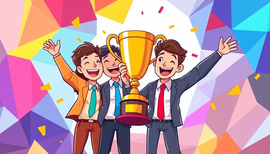 Employee wellness cartoon illustration with joyful team and trophy