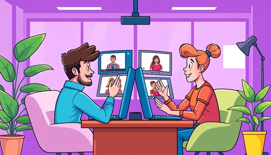 Employee engagement in digital video calls, vibrant cartoon style.