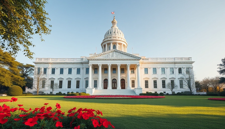 Government building with colorful garden and serene atmosphere.