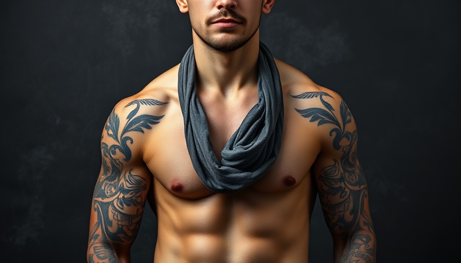 Tattooed man confidently posing with cloth and dark background.