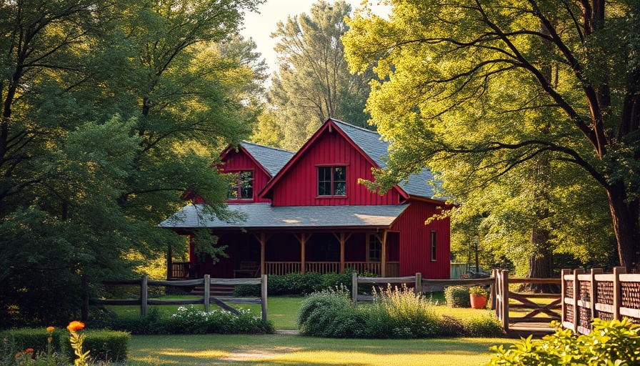 Red farmhouse amid greenery, estate flip by Amanda Pays Corbin Bernsen.