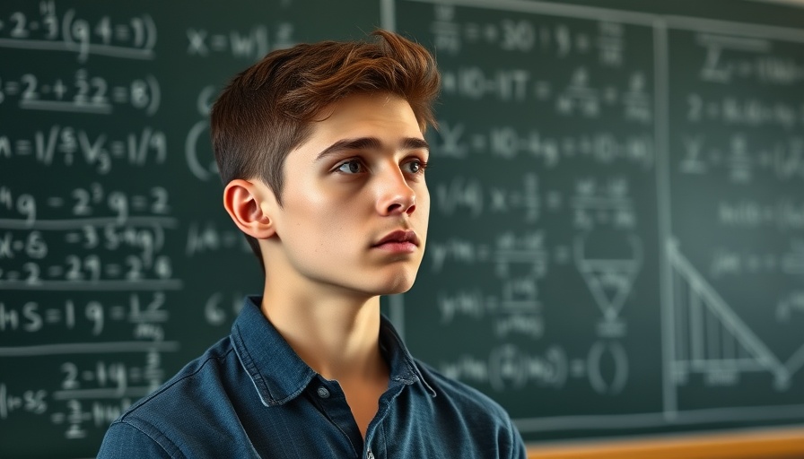Contemplative young man thinking in front of math chalkboard.