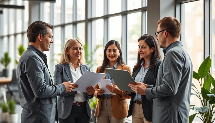 Business leaders discussing AI integration in a modern office.