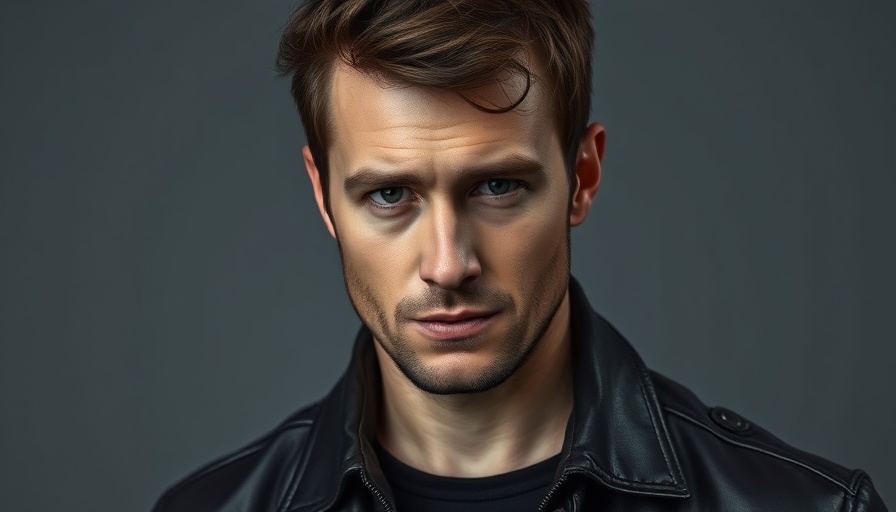 Mysterious man in leather jacket on grey background.